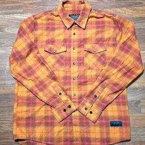Troll Co Flannel Shirt Mens L Red Orange Plaid Snap Button Dirty Hands Clean $